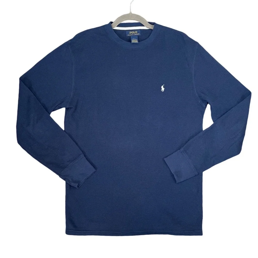 Polo Ralph Lauren Mens Navy Blue Waffle Knit Thermal Long Sleeve Shirt Size M‎